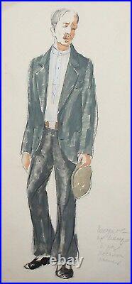 Vintage Watercolor Painting Man Theatre Costume Design Signed