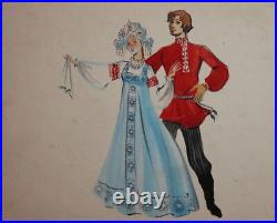 Vintage gouache painting dancing couple with Russian folk costumes