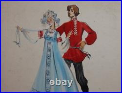 Vintage gouache painting dancing couple with Russian folk costumes
