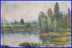 Vintage impressionist oil painting lake landscape