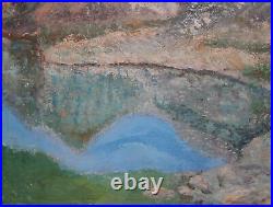 Vintage impressionist oil painting mountain landscape lake