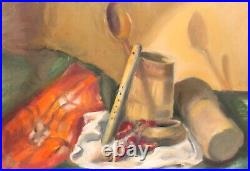 Vintage impressionist oil painting still life with a pipe and a mug