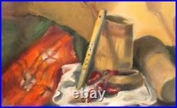 Vintage impressionist oil painting still life with a pipe and a mug