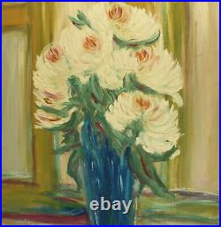 Vintage impressionist oil painting still life with flowers signed