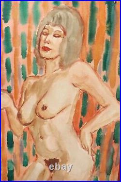 Vintage portrait of nude woman watercolor painting
