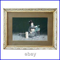 Vintage to Antique Japan signed Tani watercolour painting Woman with Flowers