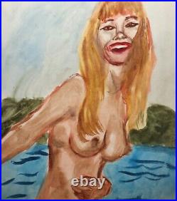 Vintage watercolor painting nude woman