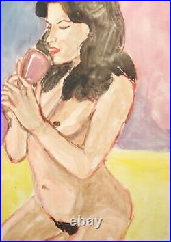 Vintage watercolor painting nude woman portrait