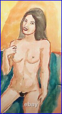 Vintage watercolor painting portrait of nude woman