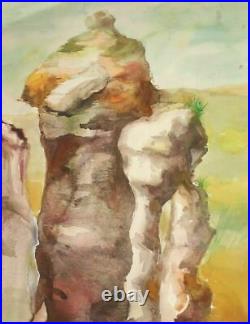 Vintage watercolor painting post impressionist landscape rocks