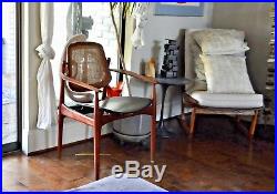 Vodder Vtg Mid Century Danish Modern Teak Wood Leather Cane Lounge Arm Chair