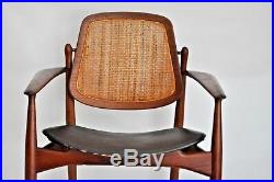 Vodder Vtg Mid Century Danish Modern Teak Wood Leather Cane Lounge Arm Chair
