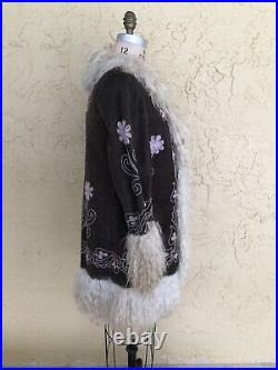 Vtg 70s Afghan Coat Jacket Penny Lane Coat Sheepskin Embroidered Hippie Boho
