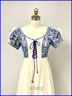 Vtg 70s Boho Festival Embroidered Maxi Dress S 100% Cotton NWOT Gunne Sax Style