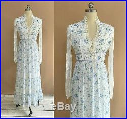 Vtg 70s Gunne Sax Style Blue & White Floral Lace Corset Dress Maxi Boho XS S