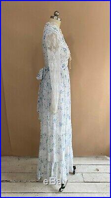 Vtg 70s Gunne Sax Style Blue & White Floral Lace Corset Dress Maxi Boho XS S