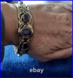 Vtg Antique Art Nouveau Ornate Scrolled 5 Stone Amethyst Paste Bangle Bracelet