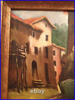 Vtg Antique Oil on Board Painting Signed Arnau of Building Village Street Scene