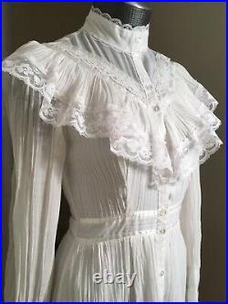 Vtg GUNNE SAX Dress WHITE 70s Prairie Lace Sheer Midi Wedding Size 7 BEAUTIFUL