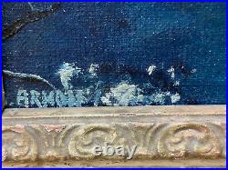 Vtg Possibly Antique Oil on Canvas Board Signed Armoni Winter Landscape Painting