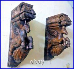 Wall Hanging Wooden Bracket Horse Sculpted Corbel Pair Statue Vintage Home Decor