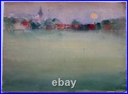 Watercolour Landscape With Village And Church Unsigned Antique Vintage