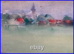 Watercolour Landscape With Village And Church Unsigned Antique Vintage