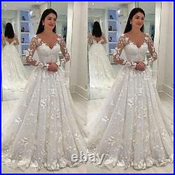 White Ivory Wedding Dresses Lace Appliques Flower Long Sleeve V-neck Bridal Gown