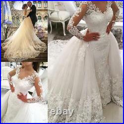 White Wedding Dresses Bridal Gowns Long Sleeve Ball Gown Train Lace Custom Size