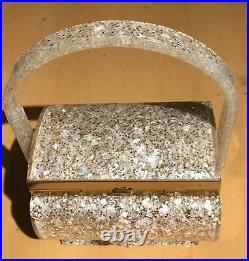 Wilardy Vintage Mother Of Pearl & Gold Glitter Lucite Purse Compact Bag
